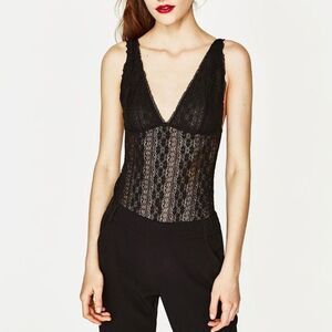 ZARA black sheer floral lace striped body suit women's size small